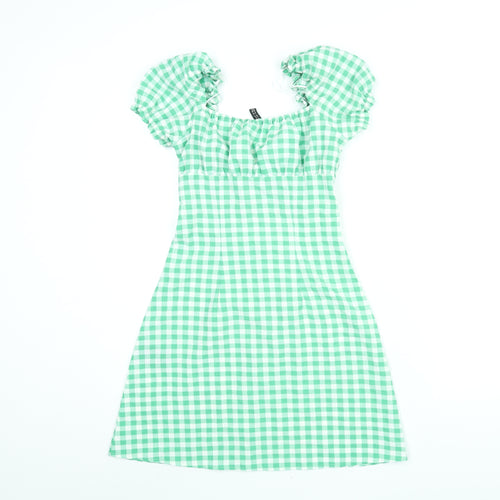 Divided by H&M Womens Green Gingham Polyester A-Line Size 4 Sweetheart Button