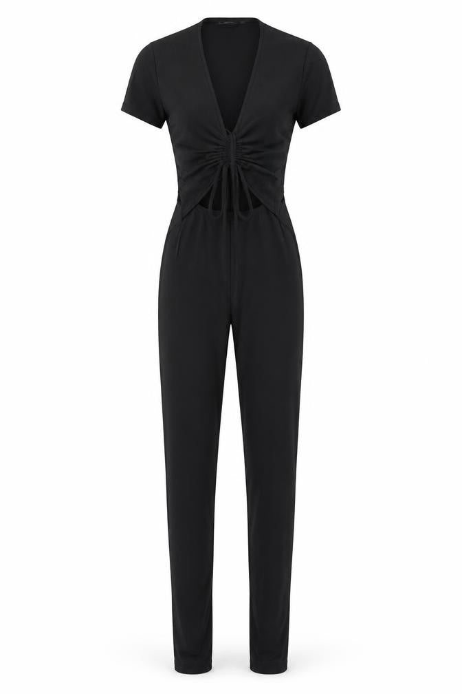 Front view of PRETTYLITTLETHING women’s black polyester jumpsuit one-piece, size UK 8 pullover - cut out drawstring detail