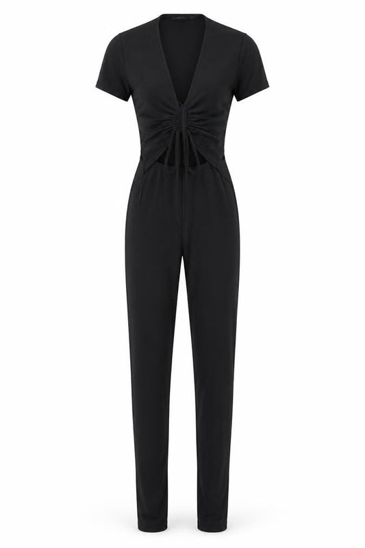 Front view of PRETTYLITTLETHING women’s black polyester jumpsuit one-piece, size UK 8 pullover - cut out drawstring detail
