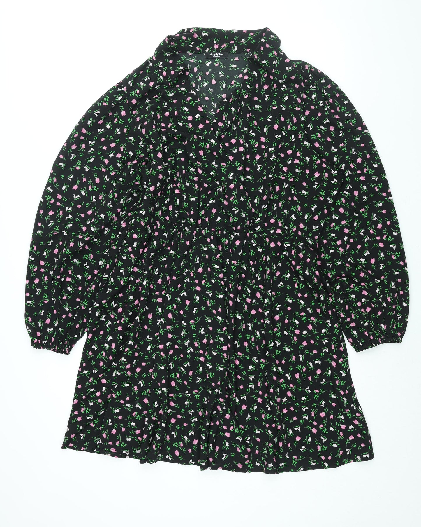 Simply Be Womens Black Floral Polyester Shirt Dress Size 20 Collared Pullover - Smocked