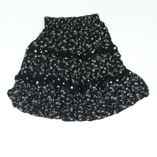 NEXT Girls Black Floral Viscose A-Line Skirt Size 7 Years Regular Pull On - Frill