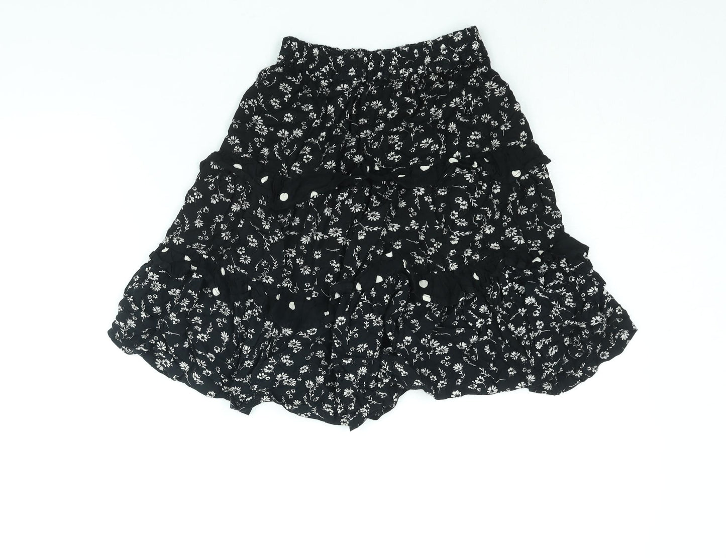 NEXT Girls Black Floral Viscose A-Line Skirt Size 7 Years Regular Pull On - Frill