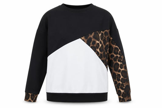 Front view of Boohoo women’s black colourblock polyester pullover sweatshirt, size UK 10, pullover - leopard print panel