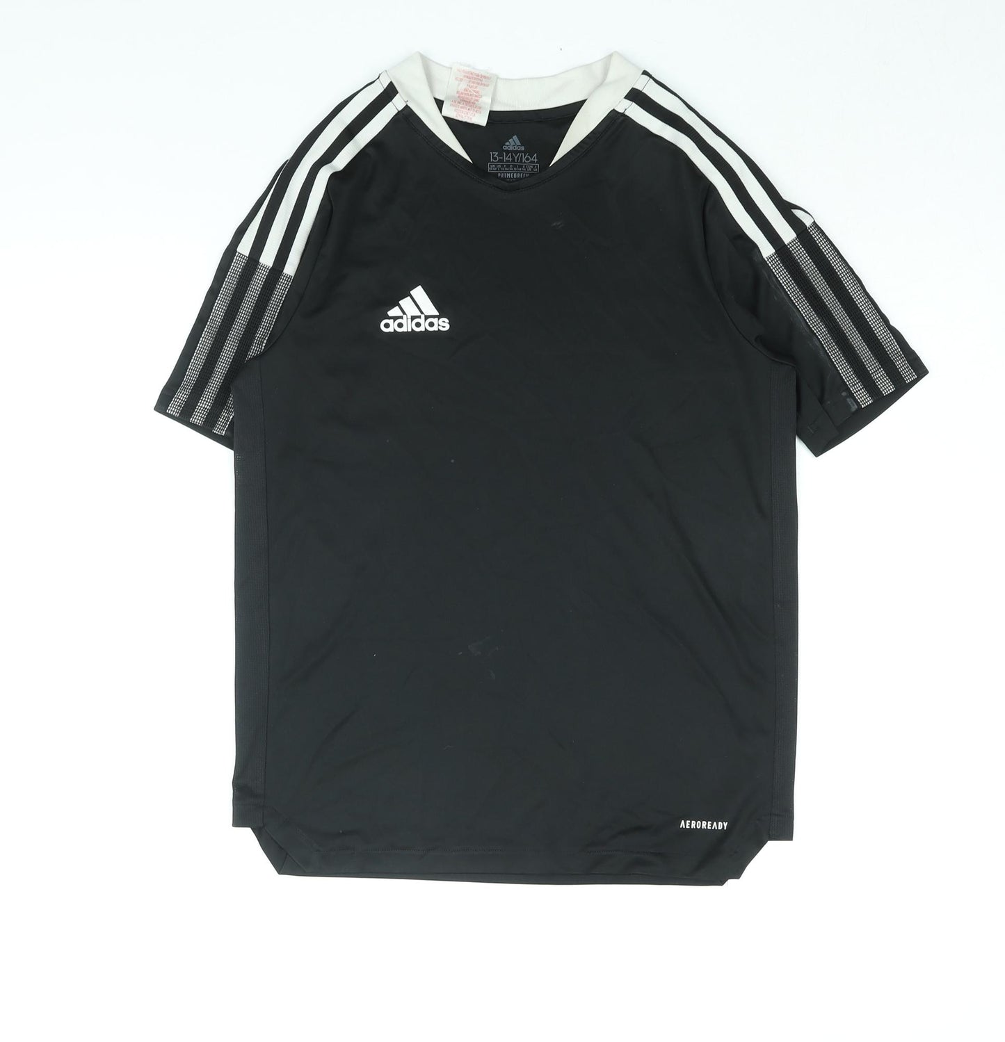 adidas Boys Black Polyester Basic T-Shirt Size 13-14 Years V-Neck Pullover - Logo Three Stripe Sleeve