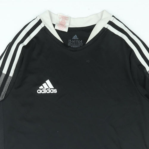 adidas Boys Black Polyester Basic T-Shirt Size 13-14 Years V-Neck Pullover - Logo Three Stripe Sleeve