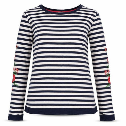 Oasis Womens Blue Striped Viscose Basic Blouse Size M Round Neck - Floral Embroidered Sleeves