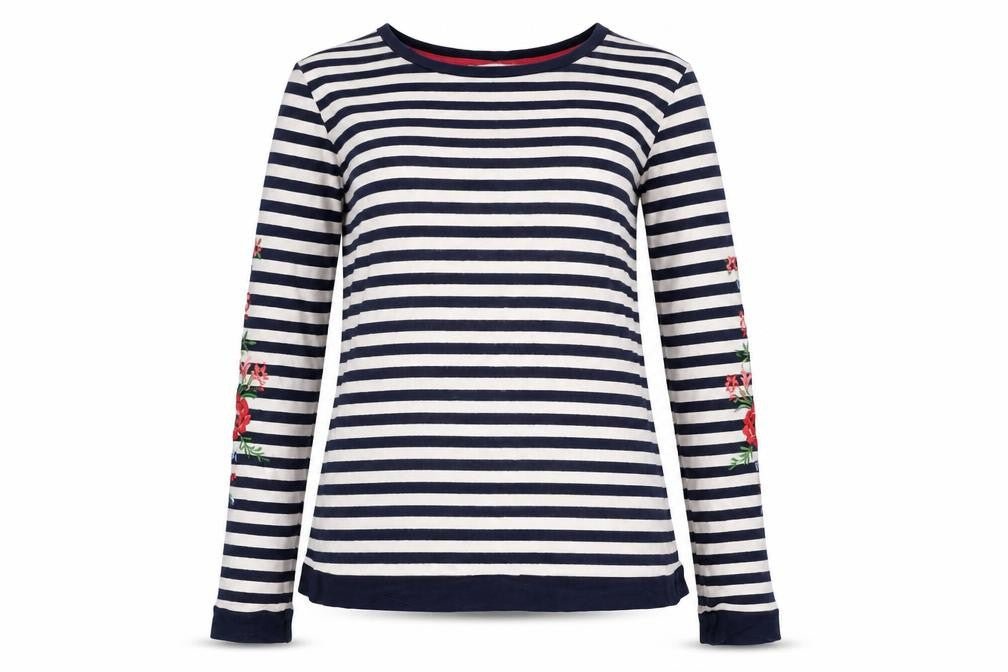Oasis Womens Blue Striped Viscose Basic Blouse Size M Round Neck - Floral Embroidered Sleeves