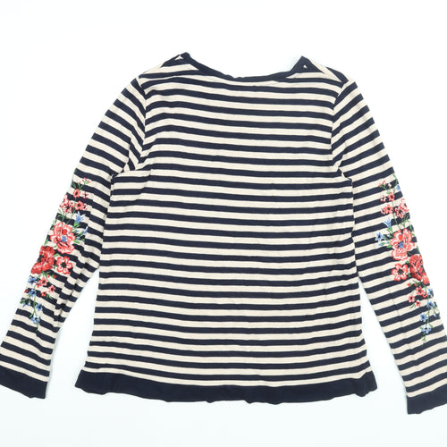 Oasis Womens Blue Striped Viscose Basic Blouse Size M Round Neck - Floral Embroidered Sleeves