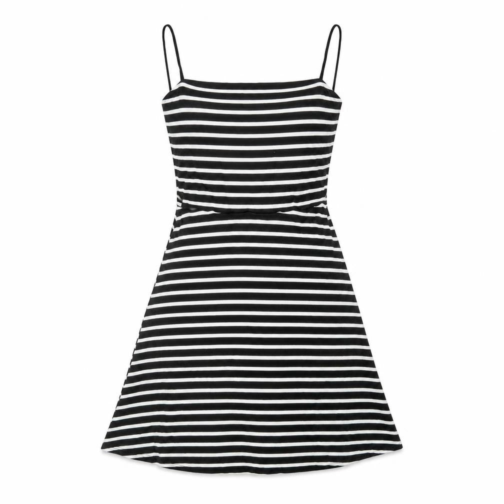 Front view of Divided by H&M women’s black striped viscose a-line, size UK 6, square neck pullover