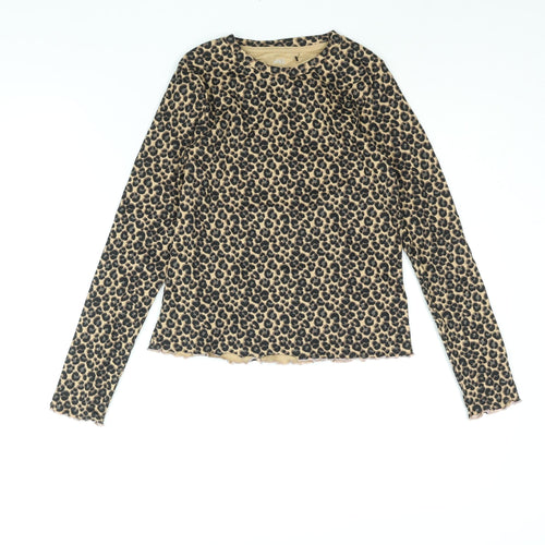 Marks and Spencer Girls Brown Animal Print Cotton Basic T-Shirt Size 11-12 Years Round Neck Pullover - Leopard Print