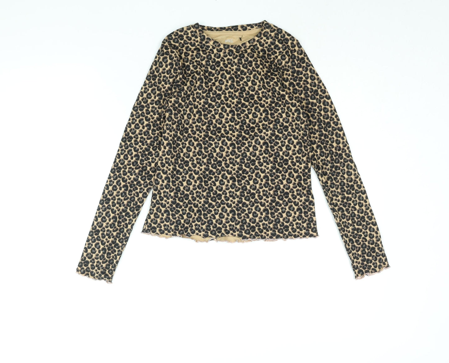 Marks and Spencer Girls Brown Animal Print Cotton Basic T-Shirt Size 11-12 Years Round Neck Pullover - Leopard Print