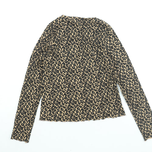 Marks and Spencer Girls Brown Animal Print Cotton Basic T-Shirt Size 11-12 Years Round Neck Pullover - Leopard Print