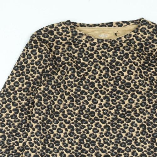 Marks and Spencer Girls Brown Animal Print Cotton Basic T-Shirt Size 11-12 Years Round Neck Pullover - Leopard Print