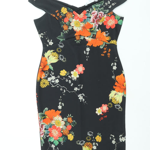 Red Herring Womens Black Floral Polyester Bodycon Size 10 Off the Shoulder Pullover