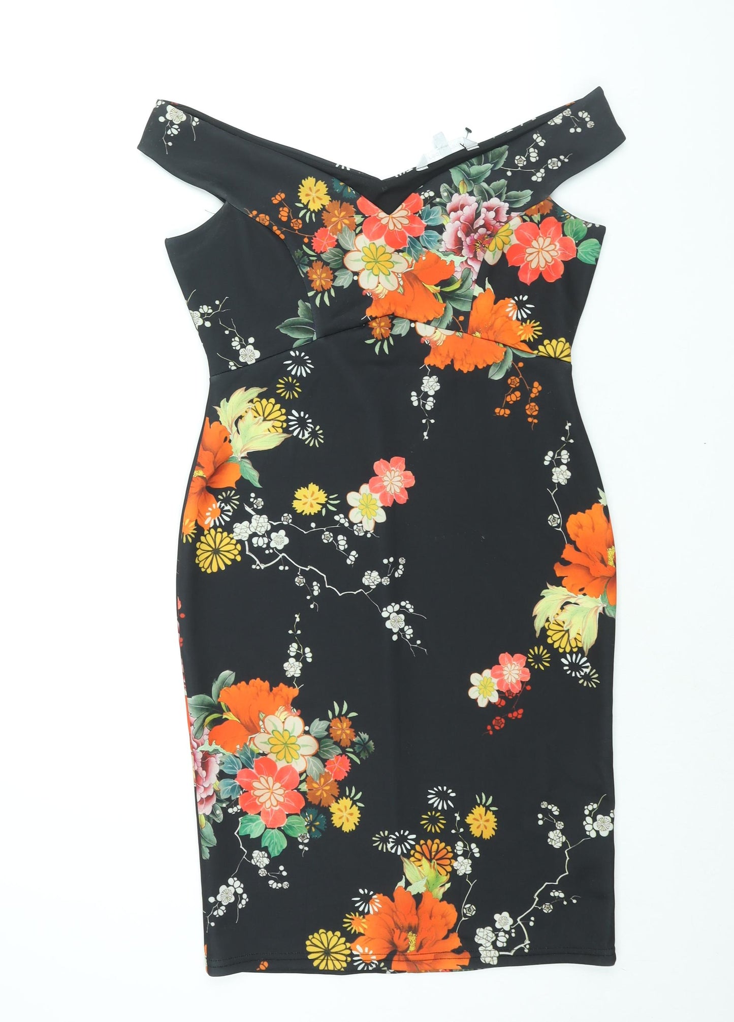 Red Herring Womens Black Floral Polyester Bodycon Size 10 Off the Shoulder Pullover