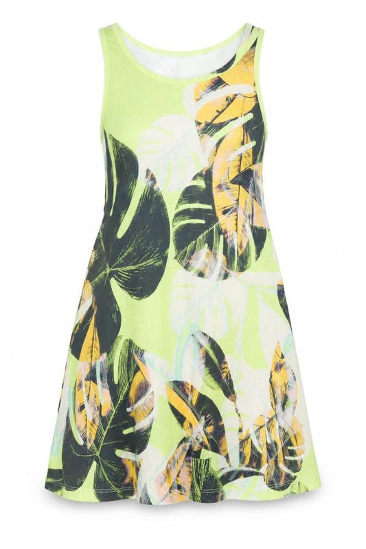 Front view of River Island women’s multicoloured herringbone polyester tank dress, scoop neck pullover - leaf print
