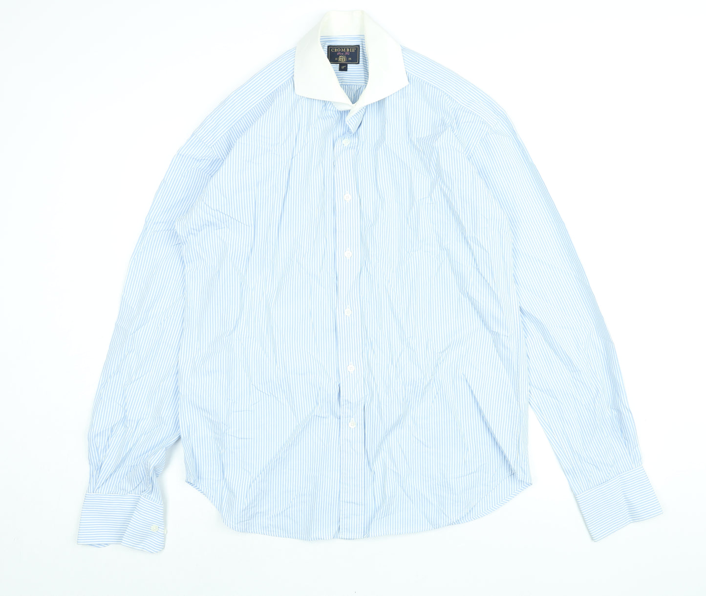 Crombie Mens Blue Striped Cotton Button-Up Size 17 Collared Button
