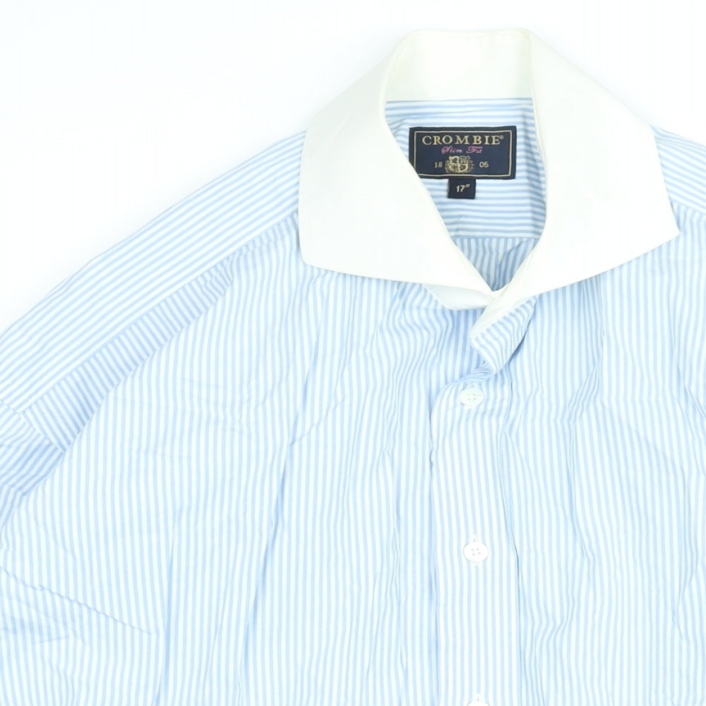 Crombie Mens Blue Striped Cotton Button-Up Size 17 Collared Button