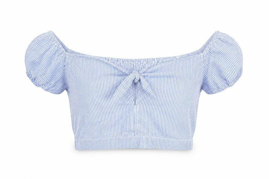 Front view of Divided by H&M women’s blue striped polyester cropped blouse, size UK 14, square neck