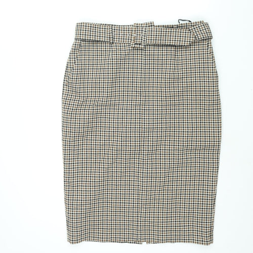 Marks and Spencer Womens Brown Check Polyester Straight & Pencil Skirt Size 16 Zip - Belted