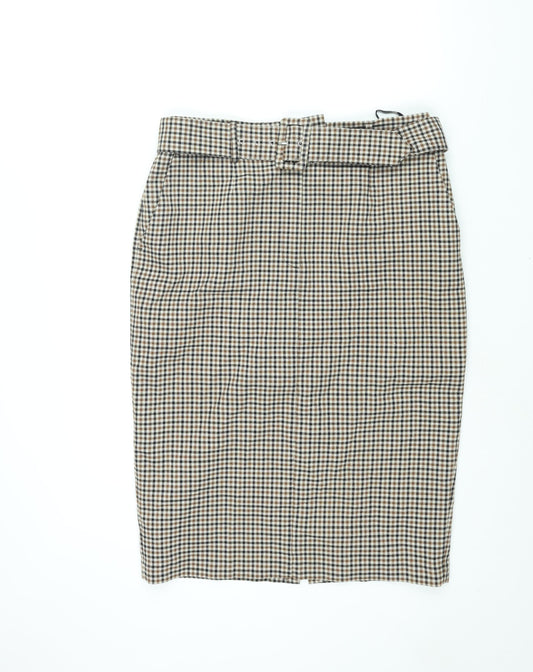 Marks and Spencer Womens Brown Check Polyester Straight & Pencil Skirt Size 16 Zip - Belted