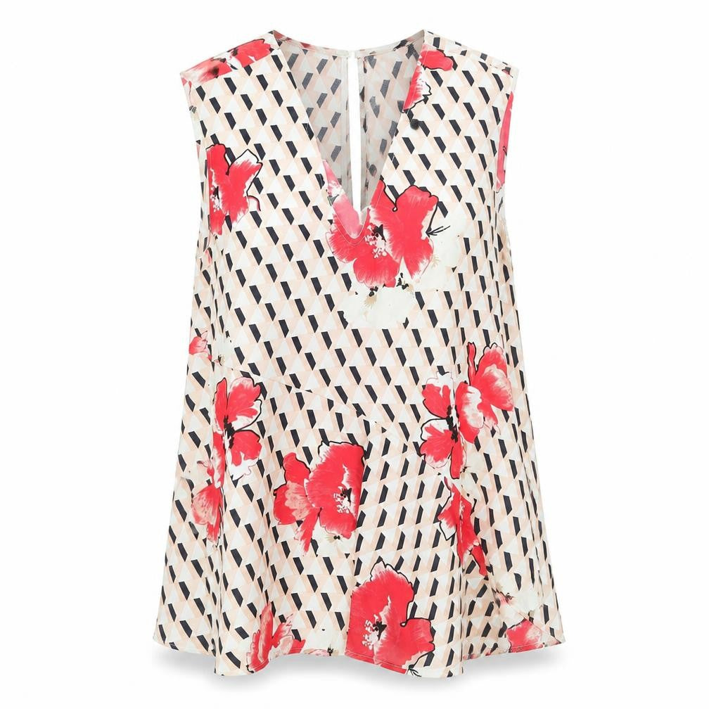 Marks and Spencer Womens Pink Geometric Polyester Tunic Blouse Size 14 V-Neck - Asymmetric Hem