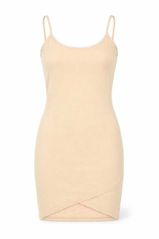 Front view of PRETTYLITTLETHING women’s beige polyester mini, size UK 8, scoop neck pullover