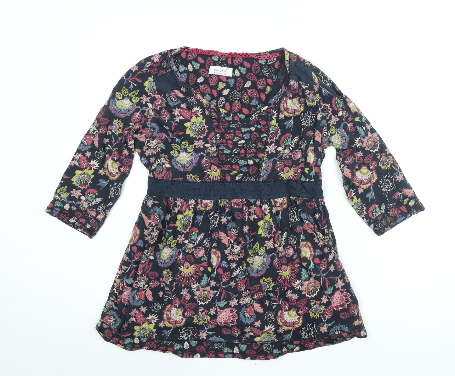 Per Una Womens Blue Floral Cotton Basic Blouse Size 16 V-Neck