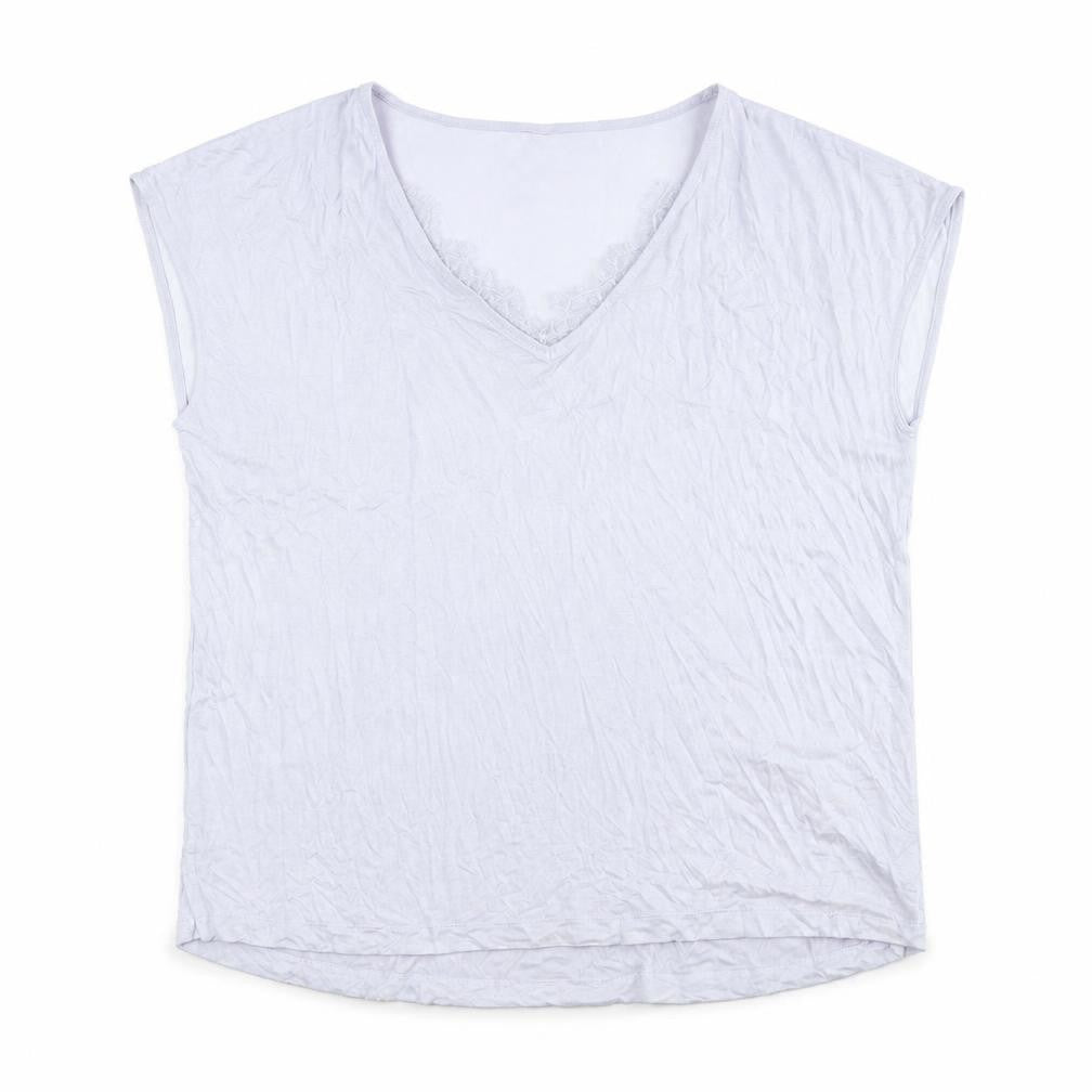 Front view of Tiffosi women’s purple viscose basic blouse, size M, v-neck - lace trim