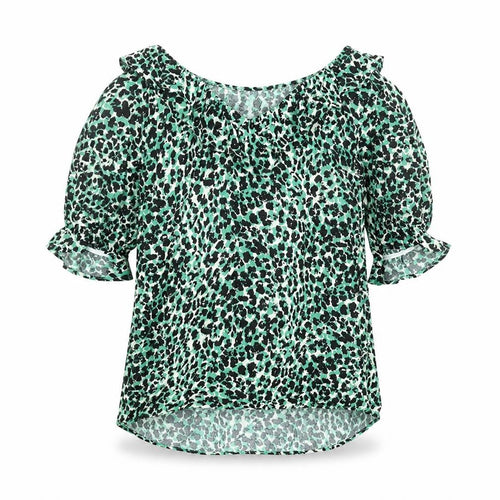 Marks and Spencer Womens Green Animal Print Viscose Basic Blouse Size 10 V-Neck - Frill Leopard Print