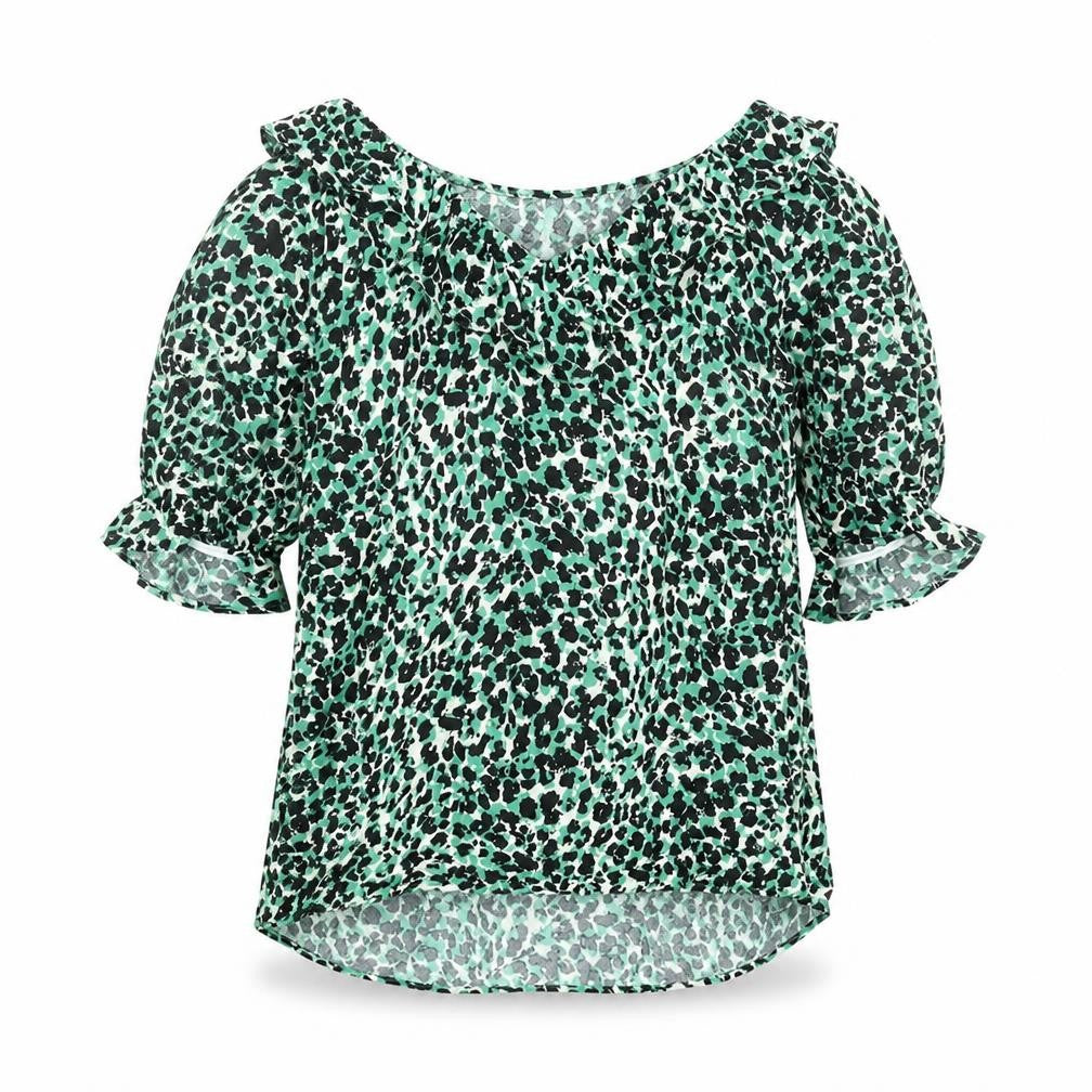 Marks and Spencer Womens Green Animal Print Viscose Basic Blouse Size 10 V-Neck - Frill Leopard Print