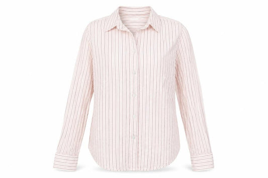 Front view of Indigo women’s red striped cotton basic button-up, size UK 10, collared