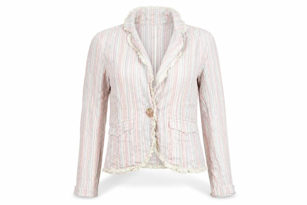 Front view of Per Una women’s multicoloured striped jacket blazer, size UK 10, button - frill