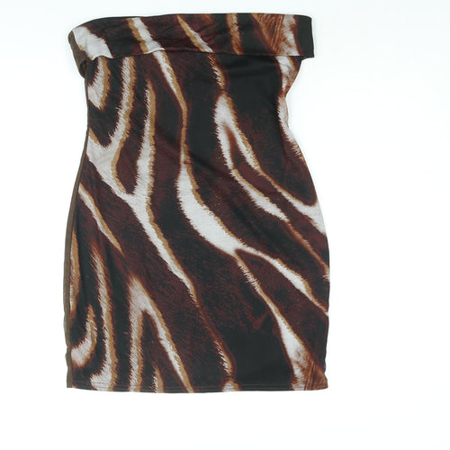 PRETTYLITTLETHING Womens Brown Geometric Polyester Bodycon Size 14 Square Neck Pullover