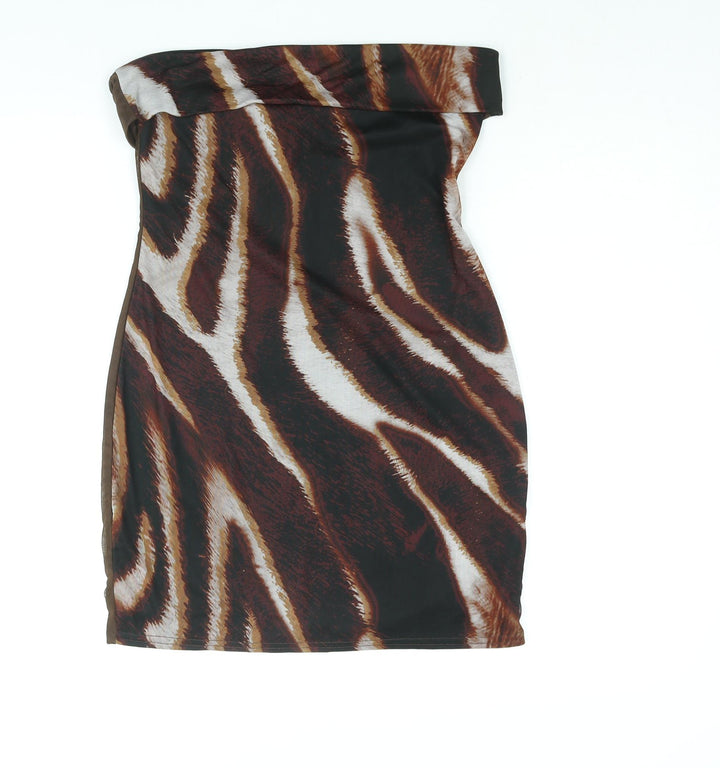 PRETTYLITTLETHING Womens Brown Geometric Polyester Bodycon Size 14 Square Neck Pullover