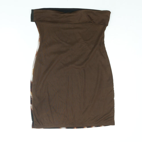 PRETTYLITTLETHING Womens Brown Geometric Polyester Bodycon Size 14 Square Neck Pullover