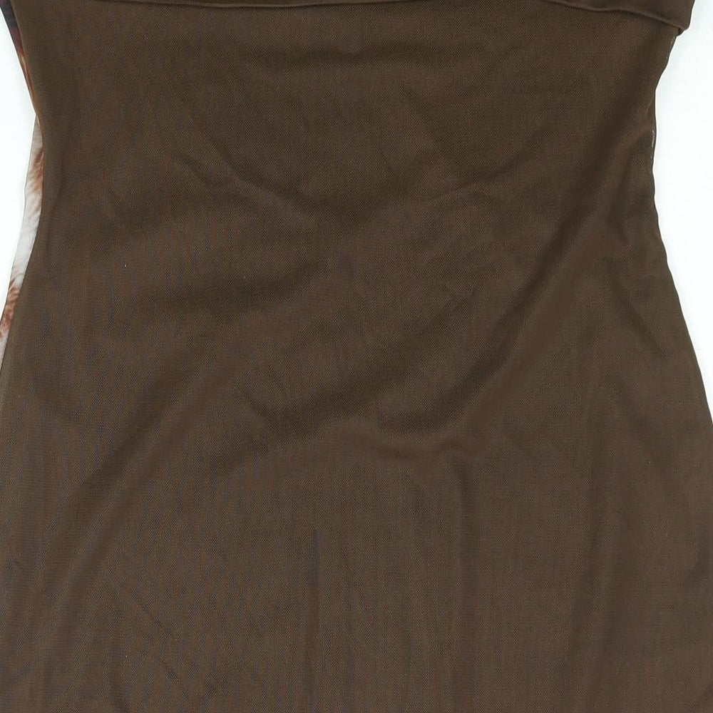 PRETTYLITTLETHING Womens Brown Geometric Polyester Bodycon Size 14 Square Neck Pullover