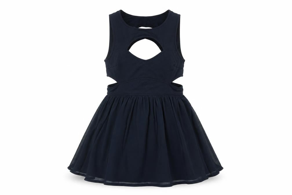 Front view of Dotti women’s blue polyester fit & flare, size S, round neck zip - cut out