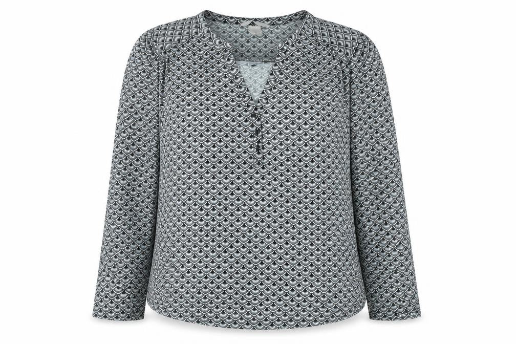 Front view of H&M women’s grey geometric polyester basic blouse, size S, v-neck
