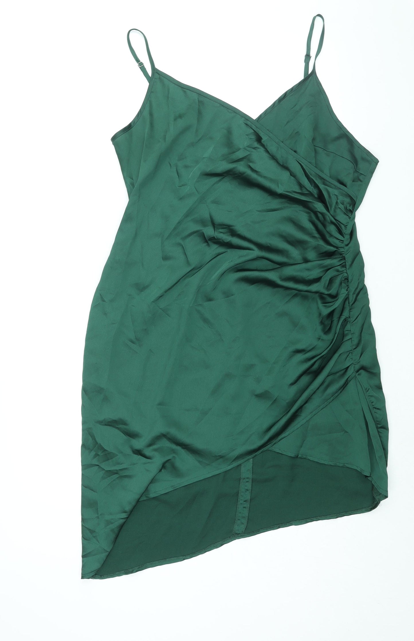 PRETTYLITTLETHING Womens Green Polyester Wrap Dress Size 16 V-Neck Zip - Rouched