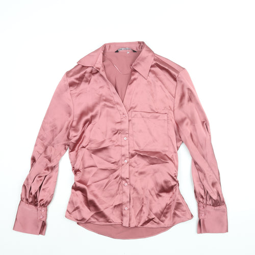 Zara Womens Pink Polyester Basic Button-Up Size S Collared - Rouched