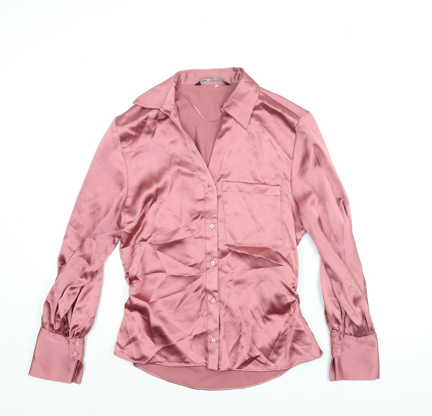 Zara Womens Pink Polyester Basic Button-Up Size S Collared - Rouched