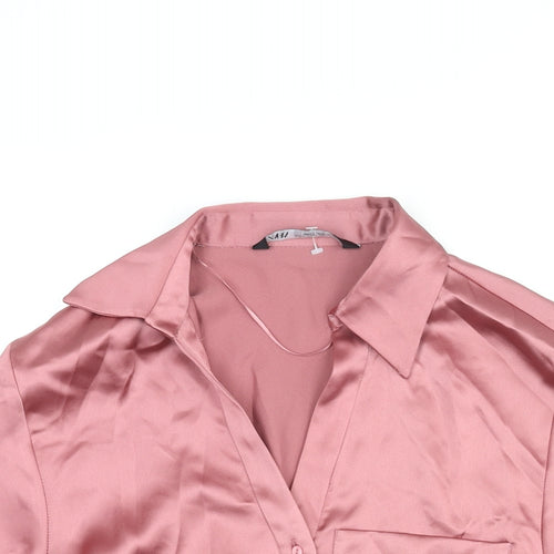 Zara Womens Pink Polyester Basic Button-Up Size S Collared - Rouched