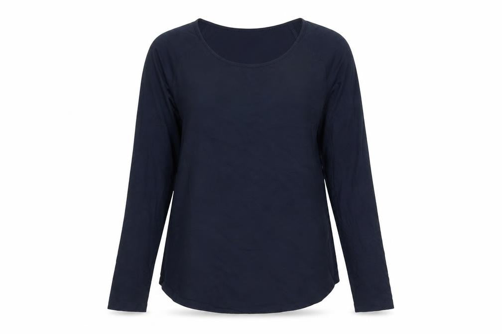 Front view of French Connection women’s blue polyester basic blouse, size S, round neck