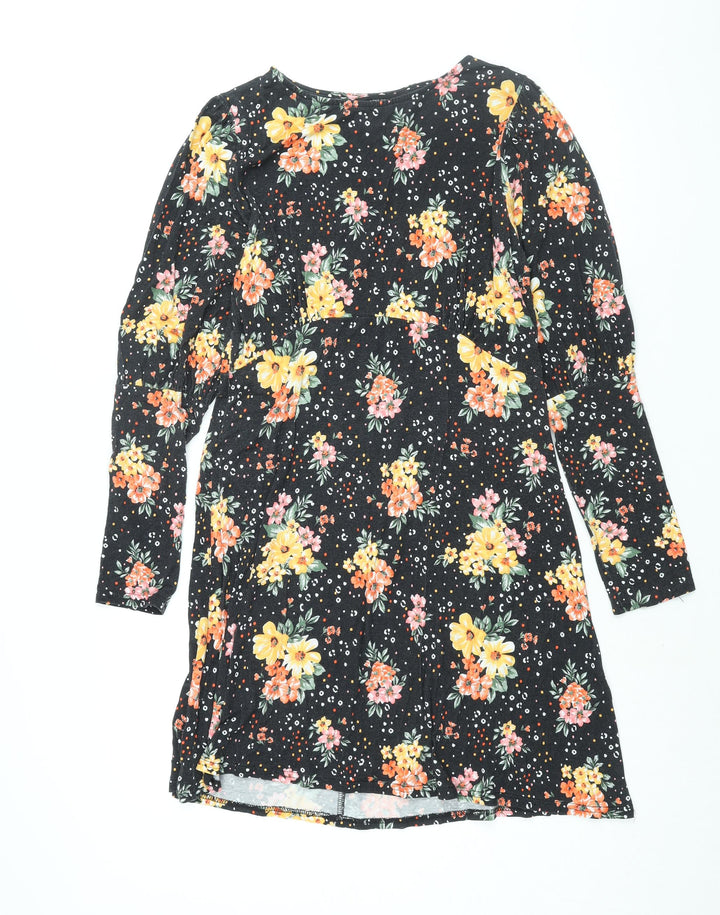 Dorothy Perkins Womens Black Floral Viscose A-Line Size 14 Round Neck Pullover