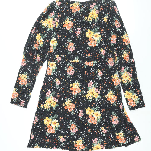 Dorothy Perkins Womens Black Floral Viscose A-Line Size 14 Round Neck Pullover