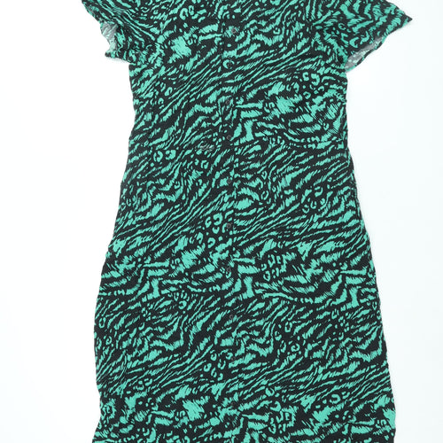 Dorothy Perkins Womens Green Animal Print Viscose Shirt Dress Size 14 Collared Button