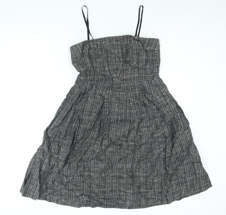 Jesire Womens Black Check Linen A-Line Size 8 Square Neck Zip