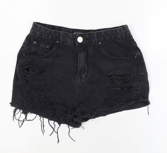 PRETTYLITTLETHING Womens Black Cotton Cut-Off Shorts Size 10 Regular Zip