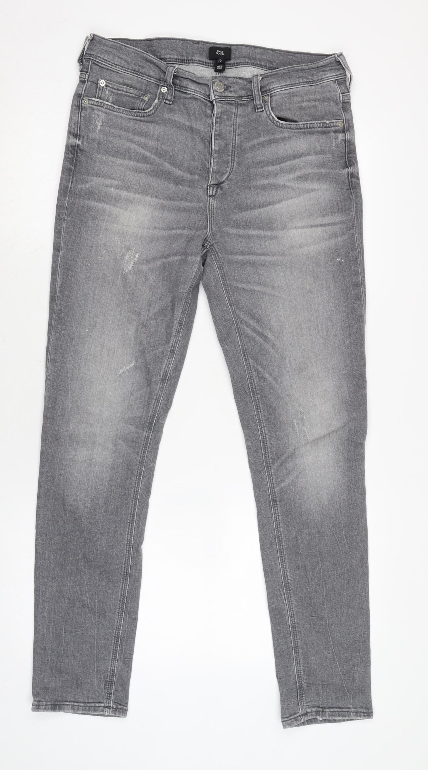 River Island Mens Grey Cotton Blend Straight Jeans Size 32 in L31 in Regular Button